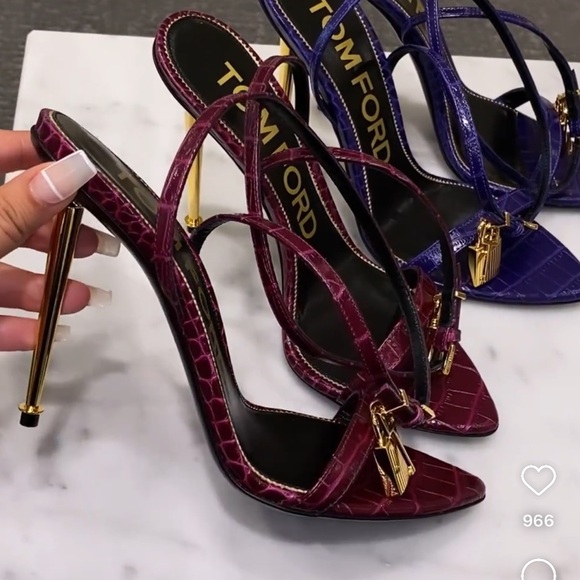 Tom Ford Padlock 105 lock cranberry leather heeled sandals sz 38.5 - Picture 7 of 17